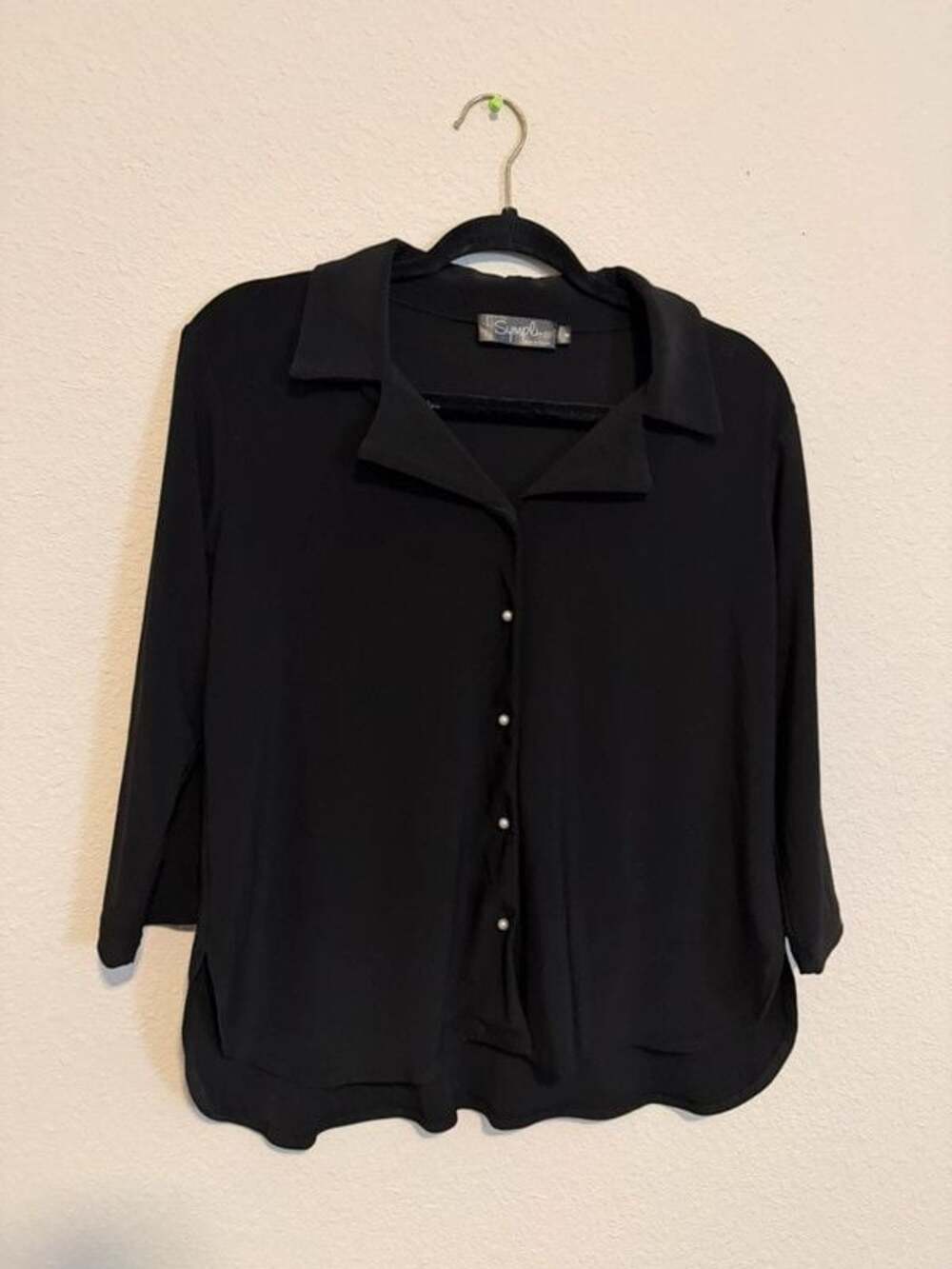 Sympli black collared button front tunic blouse size 8